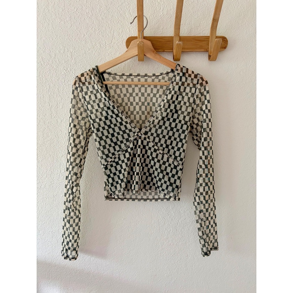Abercrombie & Fitch XS Mesh Long Sleeve Checkered Crop Top with Cami Olive Green